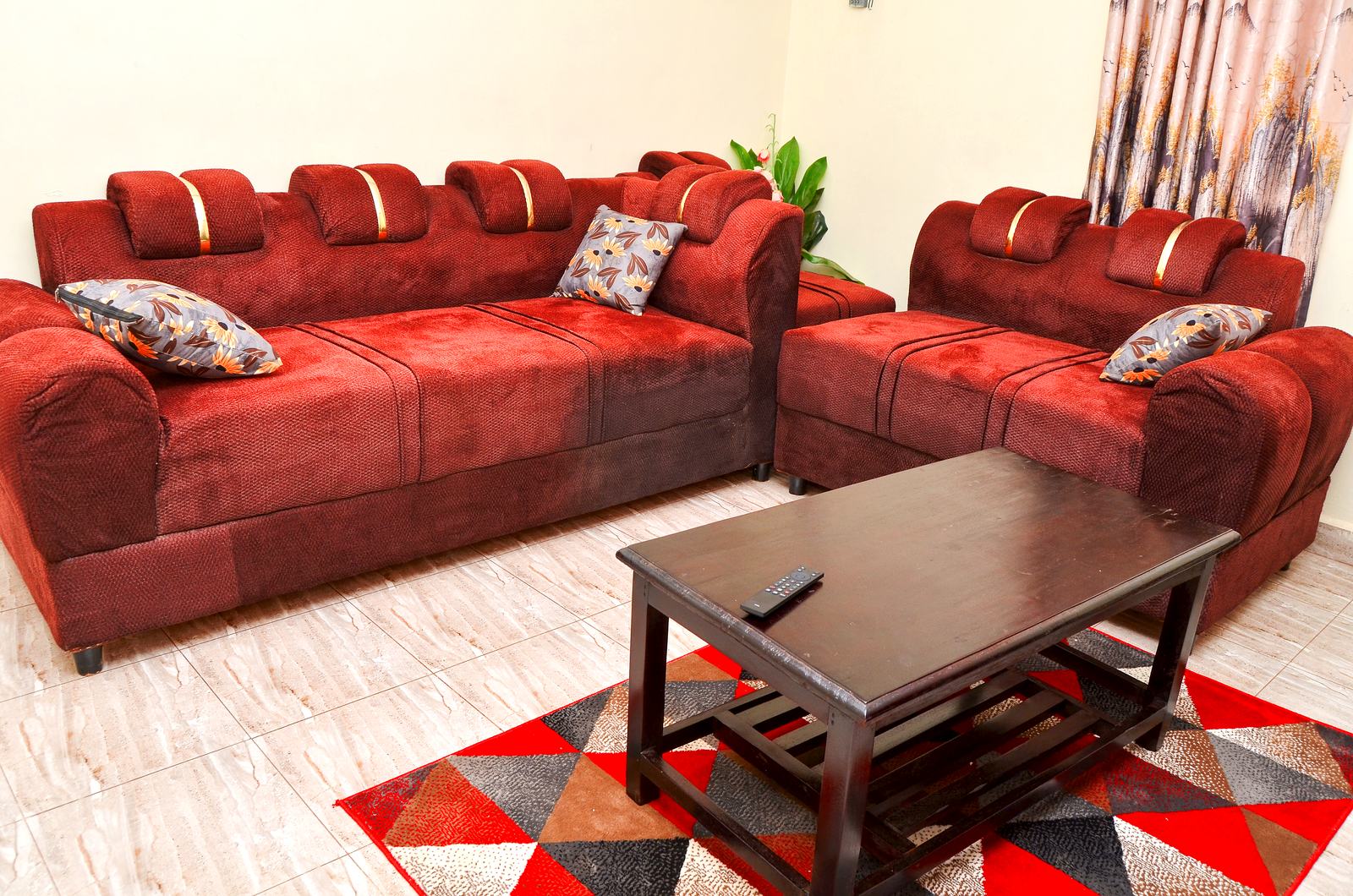 Apartment living room with a red sofa set